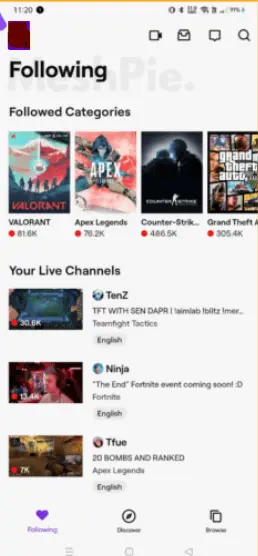 twitch followed categories