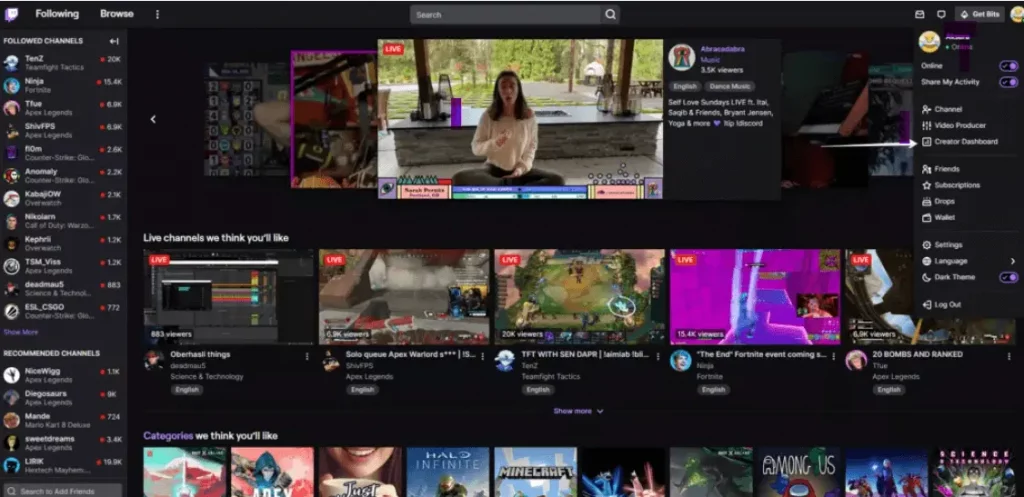 twitch profile drop down list