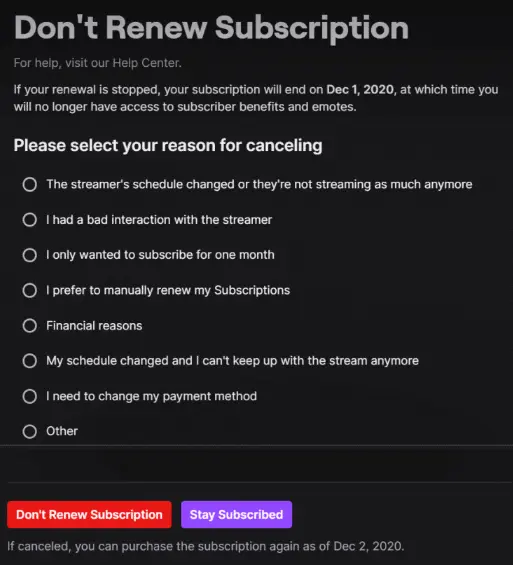 canceling the twitch subscription