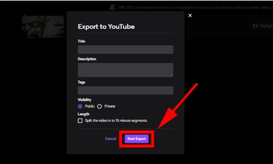 click on the Start Export option