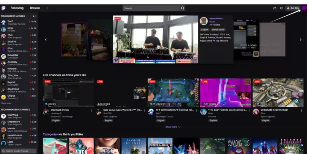 twitch live channels and categories