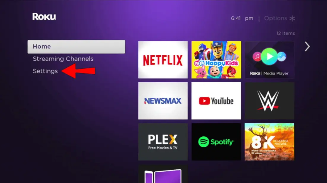 Open the Roku home screen and go to settings